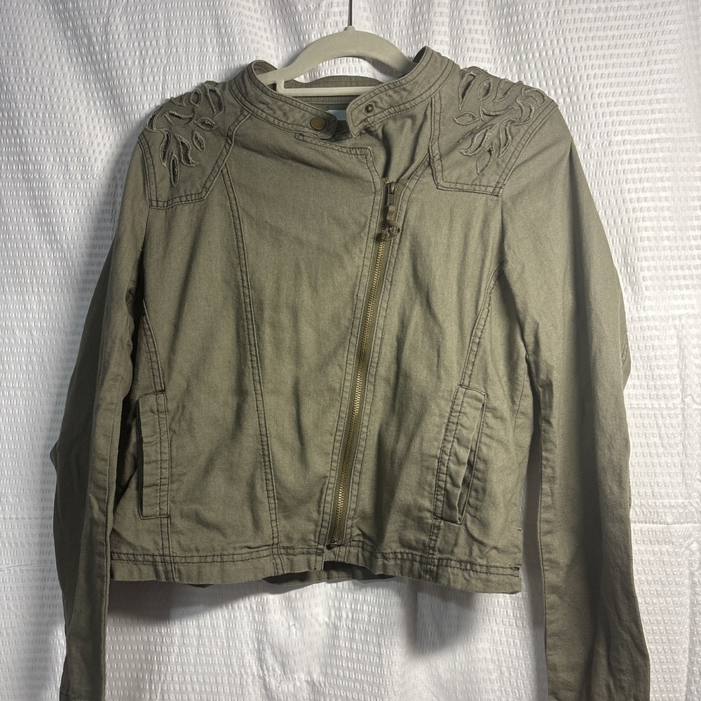 Maurice's Large Army Green Crop Asymmetrical Zip Cut Out Back Linen Cotton blend - Picture 6 of 9